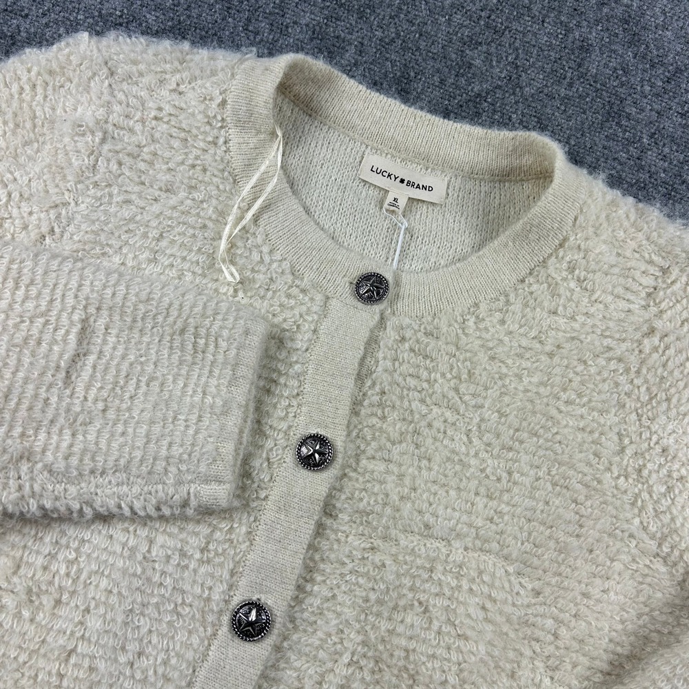 Lucky Brand Cardigan Womens XL Tofu White Boucle Star Button Knit Sweater NWT